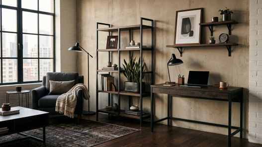 Estilo industrial refinado maderas oscuras y metales mate en Amazon