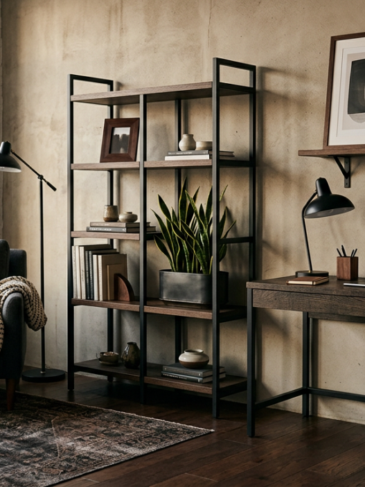 Estilo industrial refinado maderas oscuras y metales mate en Amazon