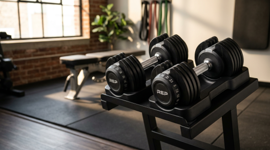 Rep Fitness QuickDraw las pesas ajustables de cambio rápido que ahorran espacio