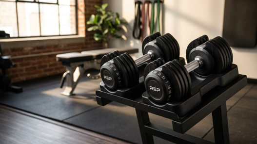 Rep Fitness QuickDraw las pesas ajustables de cambio rápido que ahorran espacio