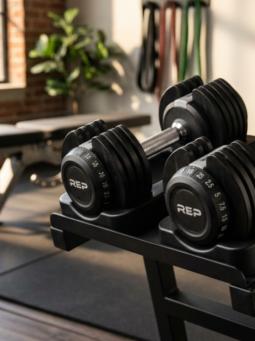 Rep Fitness QuickDraw las pesas ajustables de cambio rápido que ahorran espacio